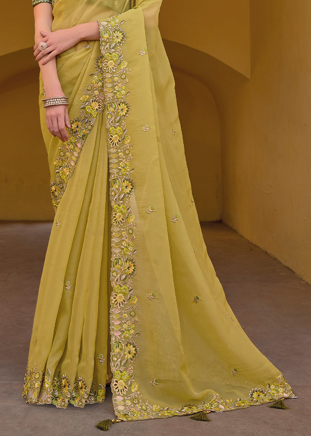 Crayola Lemon Yellow Tissue Organza Silk Saree with Embroidered Cutwork Border & Stone Sequins