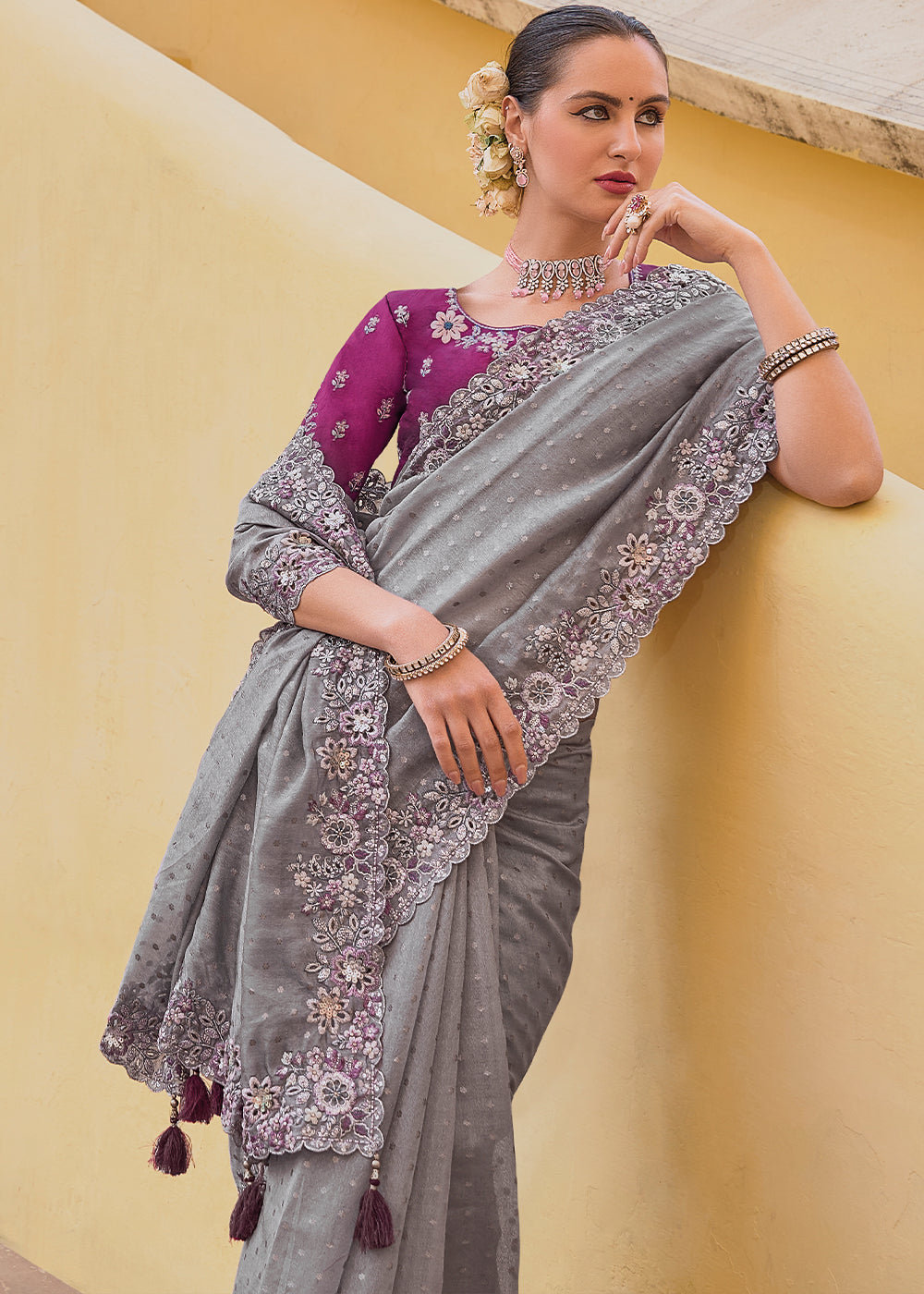 Pewter Grey Tissue Organza Silk Saree with Embroidered Cutwork Border & Stone Sequins