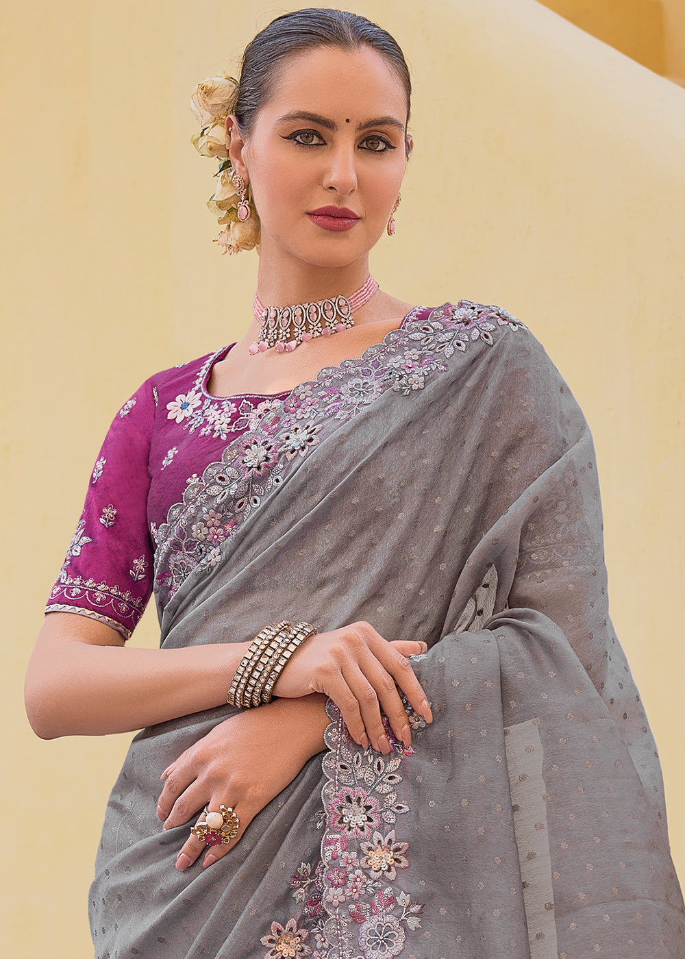 Pewter Grey Tissue Organza Silk Saree with Embroidered Cutwork Border & Stone Sequins