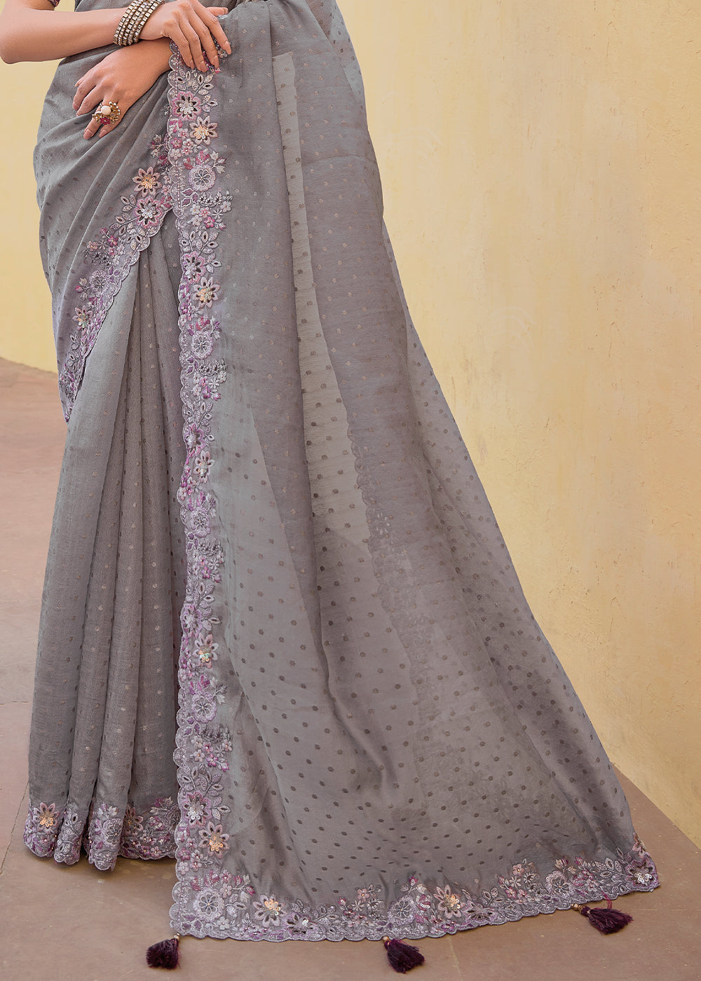 Pewter Grey Tissue Organza Silk Saree with Embroidered Cutwork Border & Stone Sequins