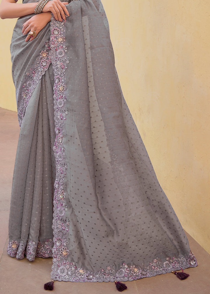 Pewter Grey Tissue Organza Silk Saree with Embroidered Cutwork Border & Stone Sequins