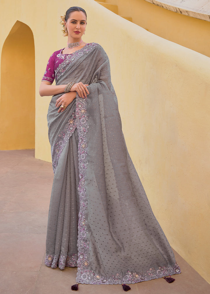 Pewter Grey Tissue Organza Silk Saree with Embroidered Cutwork Border & Stone Sequins