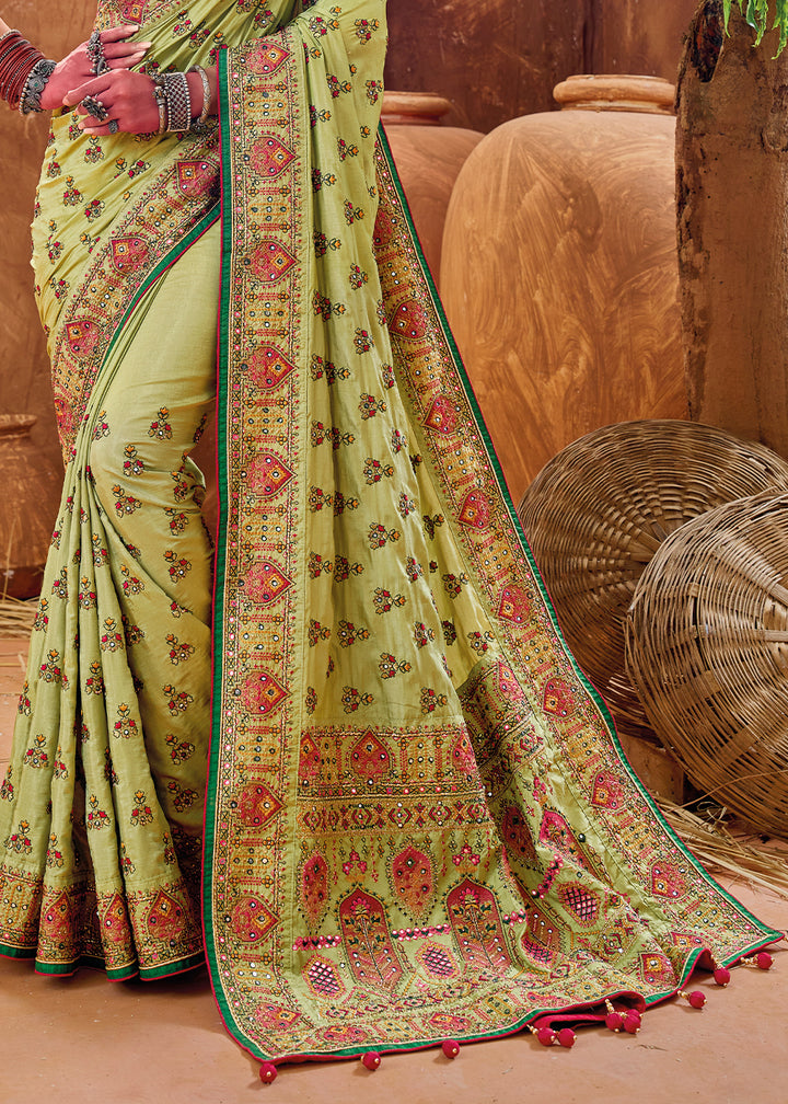 Seafoam Green Kacchi Work Banarasi Silk Saree with Diamond & Mirror Embellishments