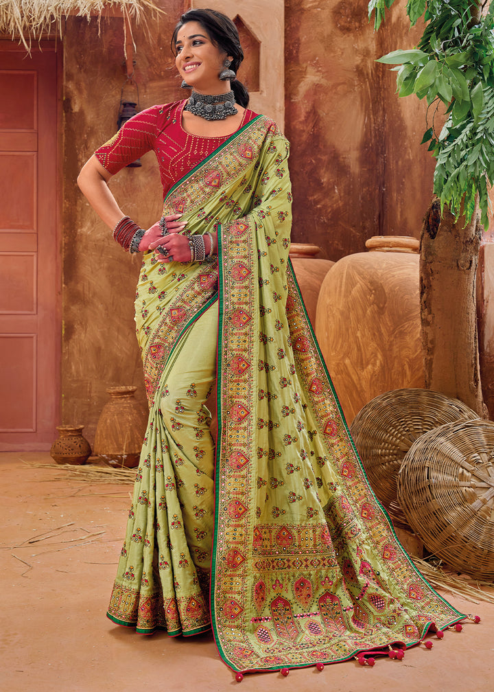 Seafoam Green Kacchi Work Banarasi Silk Saree with Diamond & Mirror Embellishments