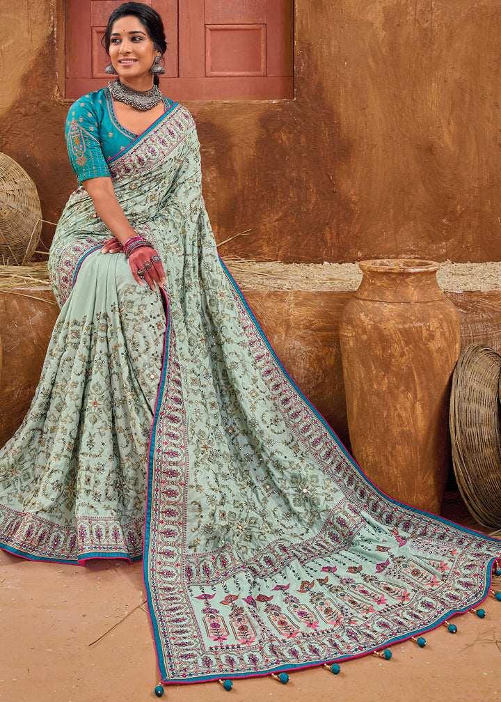 Icy Blue Kacchi Work Banarasi Silk Saree with Diamond & Mirror Embellishments