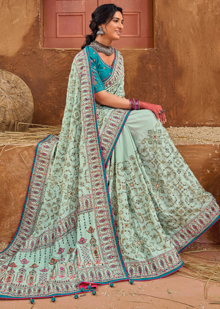 Icy Blue Kacchi Work Banarasi Silk Saree with Diamond & Mirror Embellishments