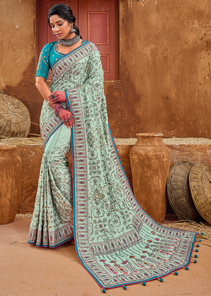 Icy Blue Kacchi Work Banarasi Silk Saree with Diamond & Mirror Embellishments