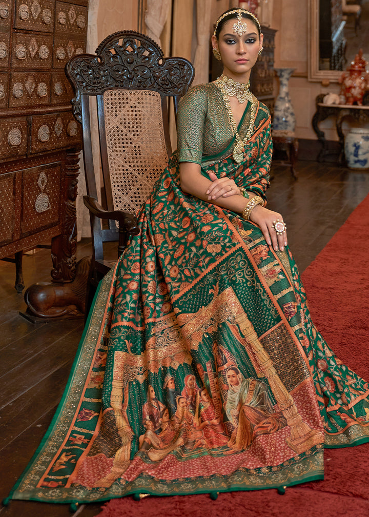 Pine Green Silk Saree Adorned with Floral Jaal and Zari Weaving