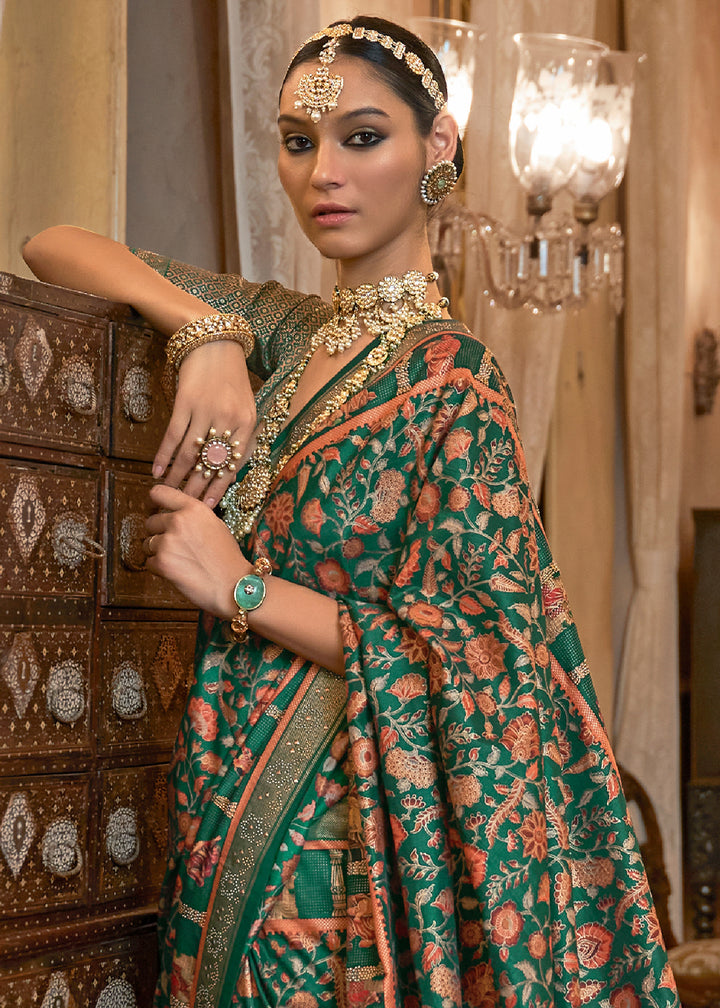 Pine Green Silk Saree Adorned with Floral Jaal and Zari Weaving