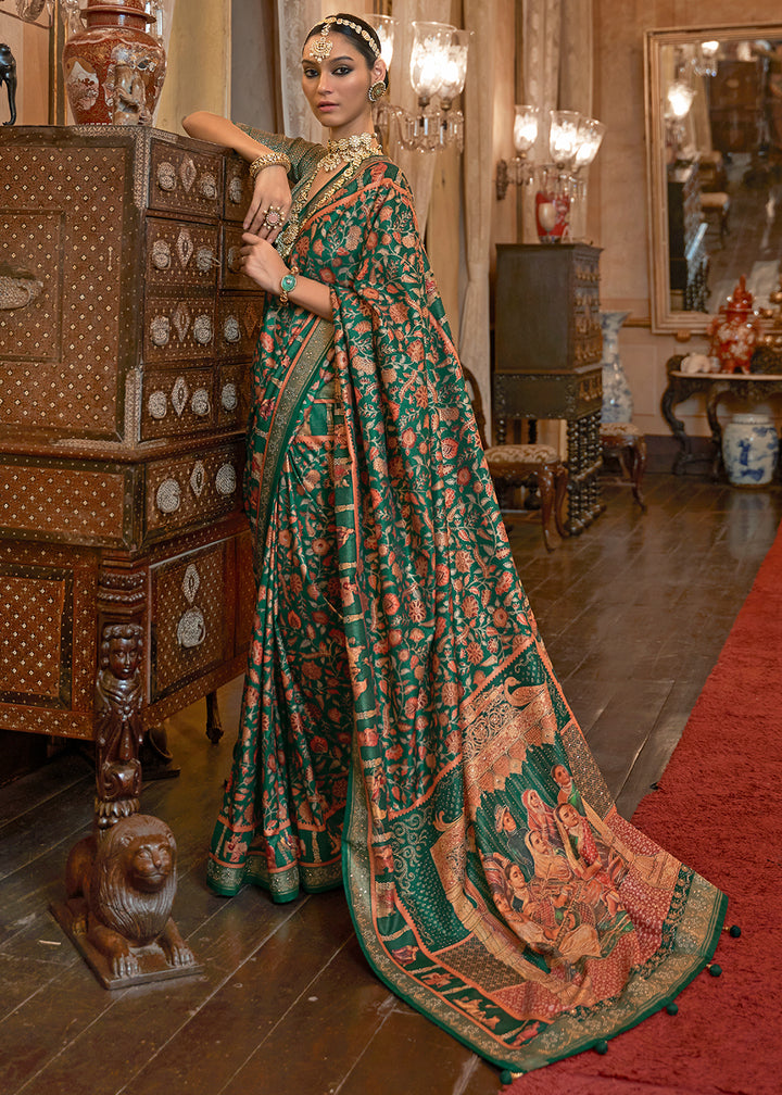 Pine Green Silk Saree Adorned with Floral Jaal and Zari Weaving