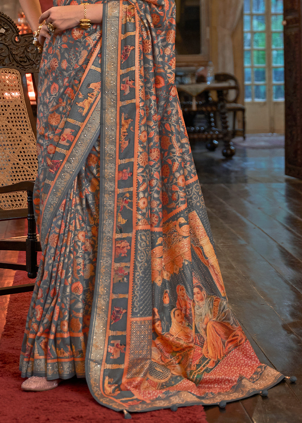 Fossil Grey Silk Saree Adorned with Floral Jaal and Zari Weaving