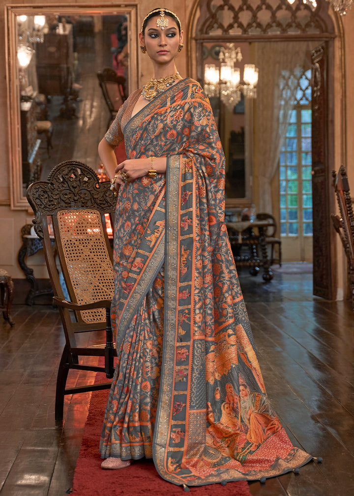 Fossil Grey Silk Saree Adorned with Floral Jaal and Zari Weaving