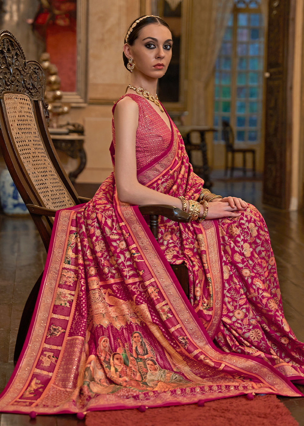 Magenta Pink Silk Saree Adorned with Floral Jaal and Zari Weaving