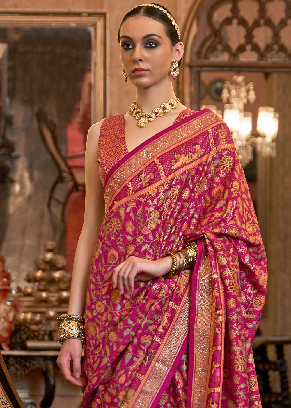 Magenta Pink Silk Saree Adorned with Floral Jaal and Zari Weaving