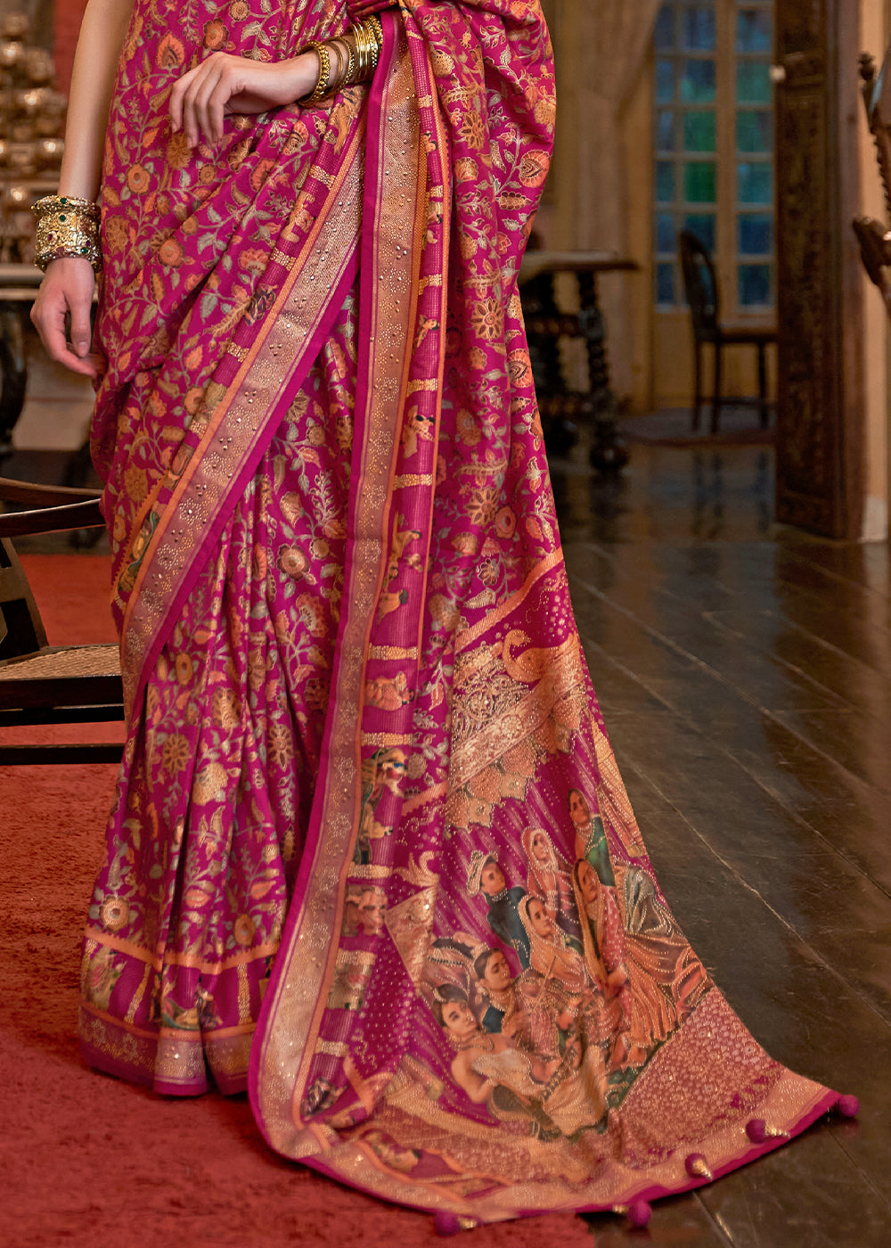 Magenta Pink Silk Saree Adorned with Floral Jaal and Zari Weaving