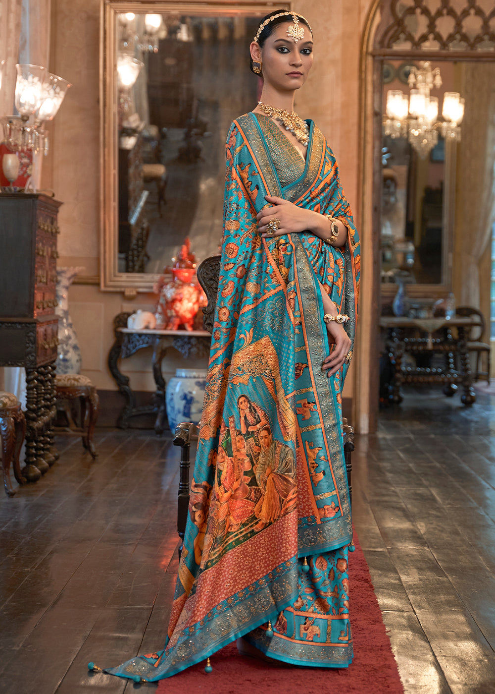 Cyan Blue Silk Saree Adorned with Floral Jaal and Zari Weaving