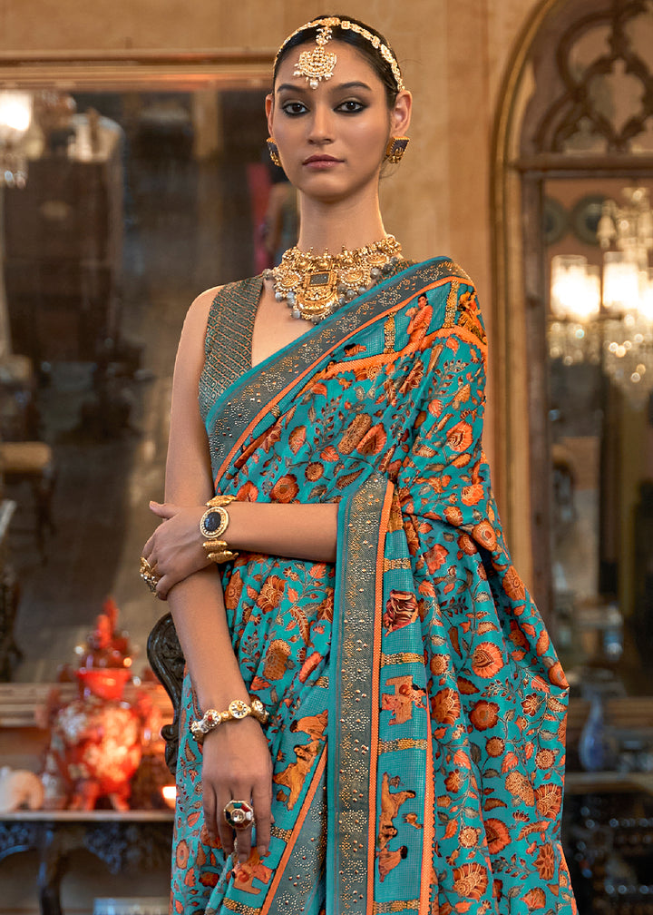 Cyan Blue Silk Saree Adorned with Floral Jaal and Zari Weaving