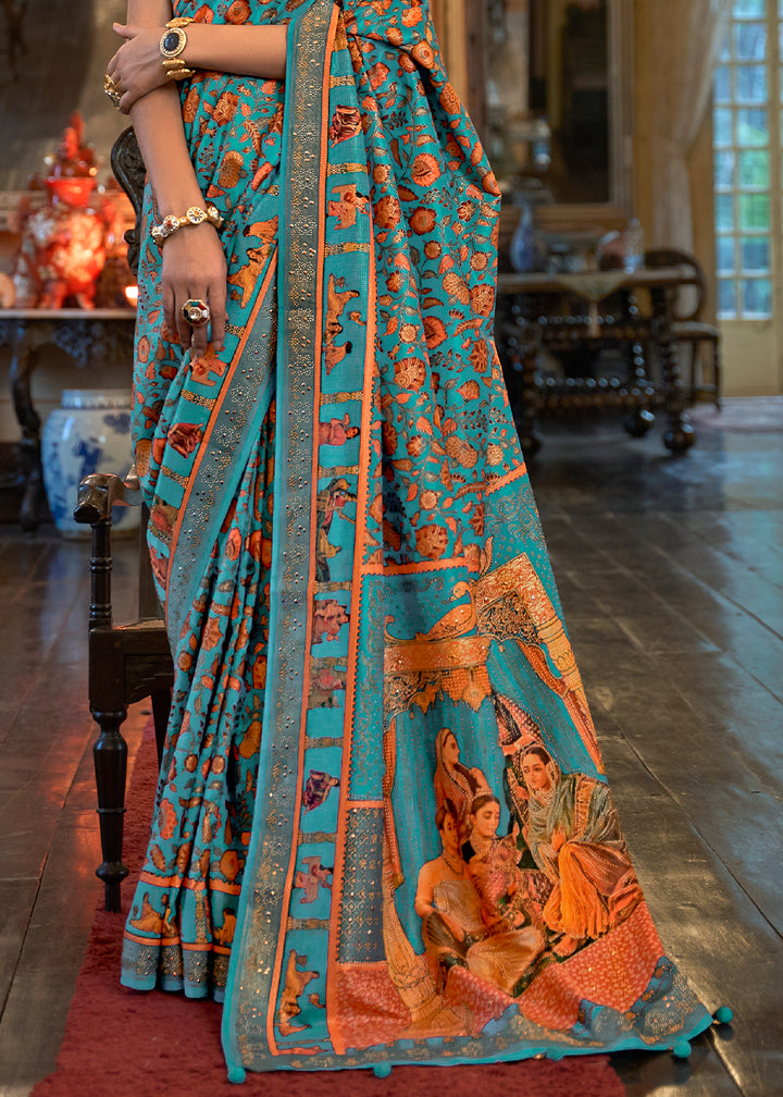 Cyan Blue Silk Saree Adorned with Floral Jaal and Zari Weaving