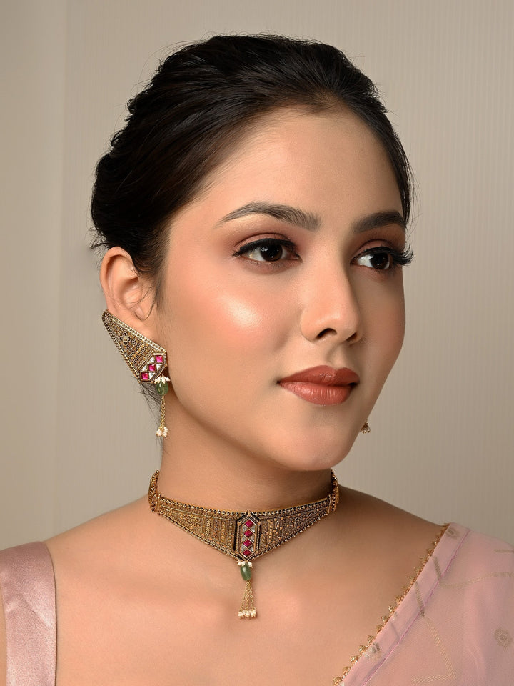 Kavisha Majenta Antique Choker Set - Gold-Plated Brass