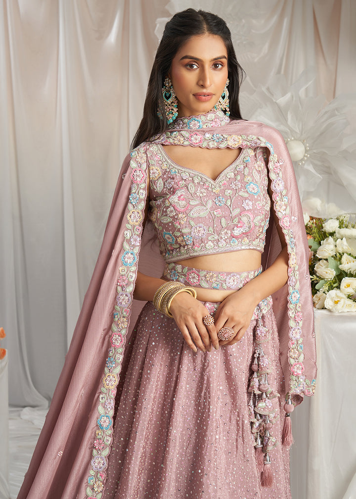 Rose Gold Pink Chiffon Lehenga Choli Adorned with Sequins & Thread Embroidery