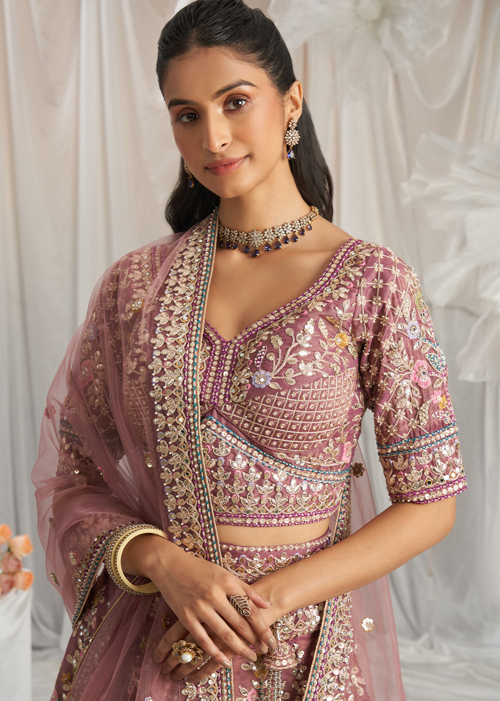 Shades Of Purple TissueLehenga Choli Adorned with Pearl and Gotapatti Embroidery: The Bride's Edit