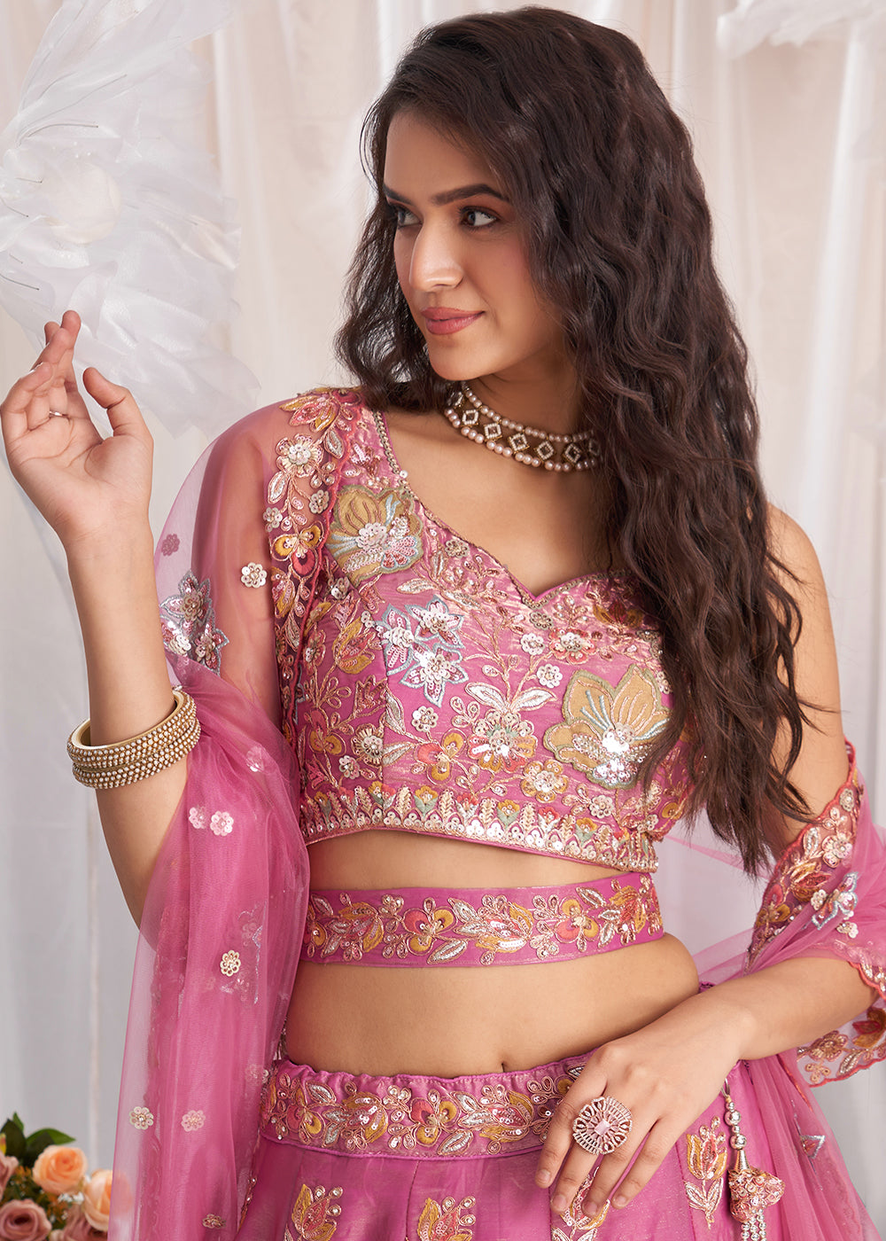 Deep Pink Organza Lehenga Choli Adorned with Sequins Embroidery Work