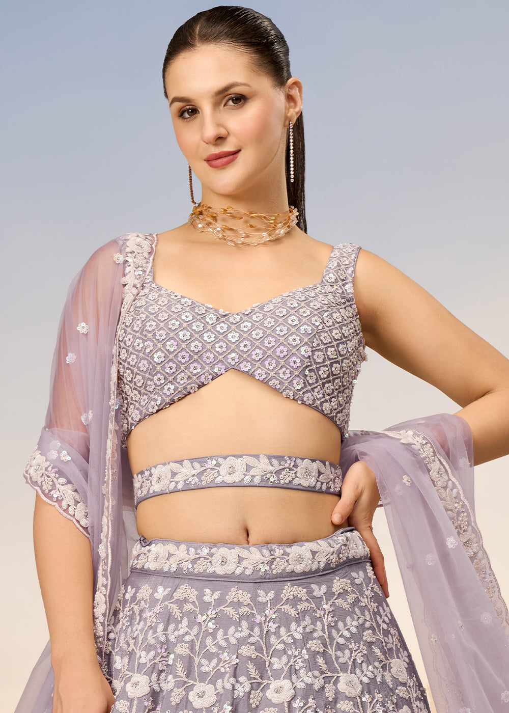 Periwinkle Purple Georgette Lehenga Choli Highlighted with Sequins & Zarkan Embroidery