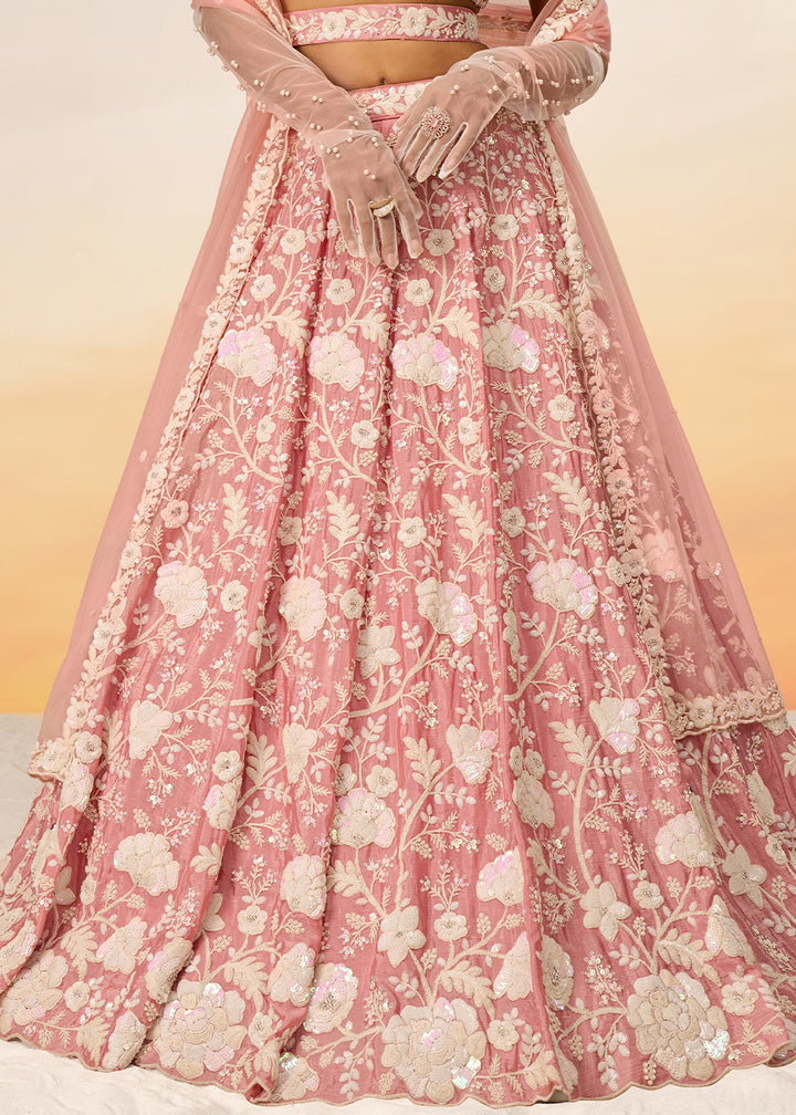 Peach Pink Georgette Lehenga Choli Highlighted with Sequins & Zarkan Embroidery