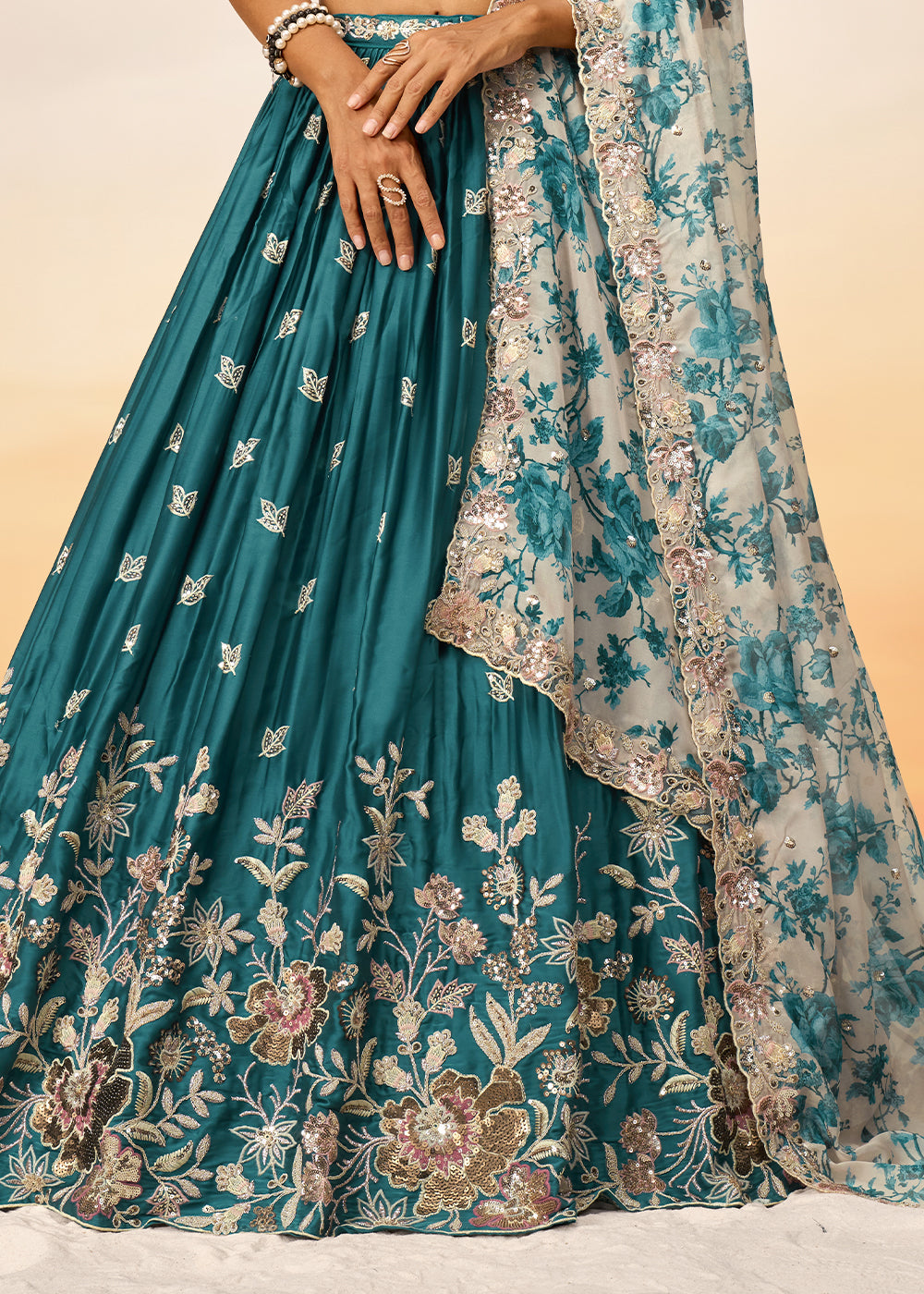 Teal Blue Chiffon Lehenga Choli Adorned with Sequins Embroidery Work