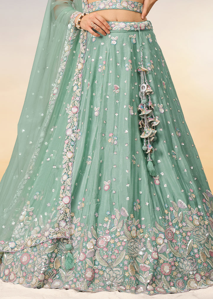 Celadon Green Chiffon Lehenga Choli Adorned with Sequins & Thread Embroidery