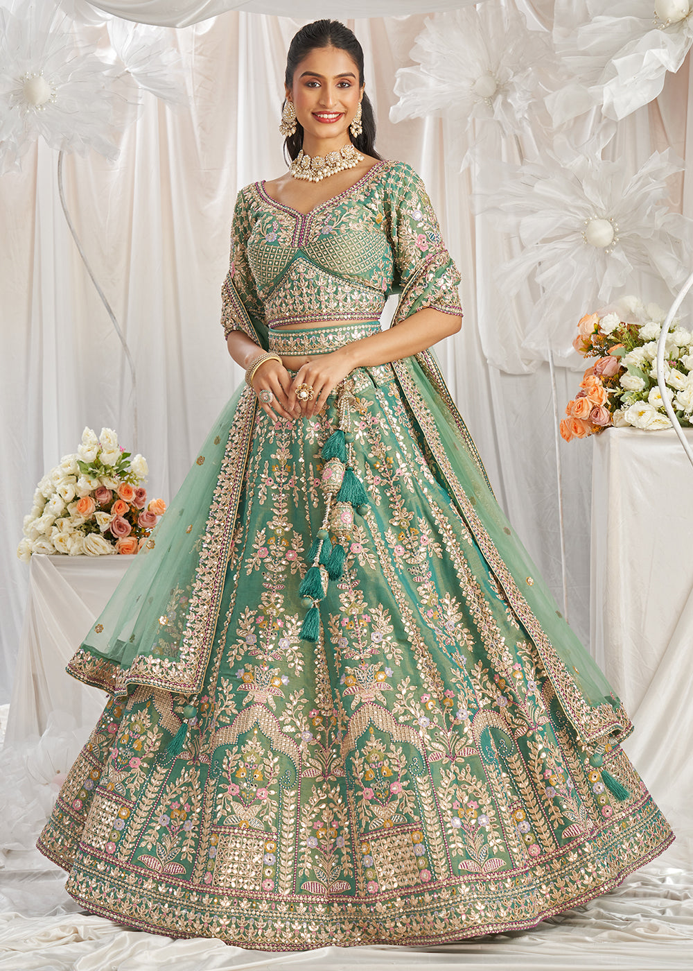 Sea Green Tissue Lehenga Choli  Adorned with Pearl and Gotapatti Embroidery: The Bride's Edit