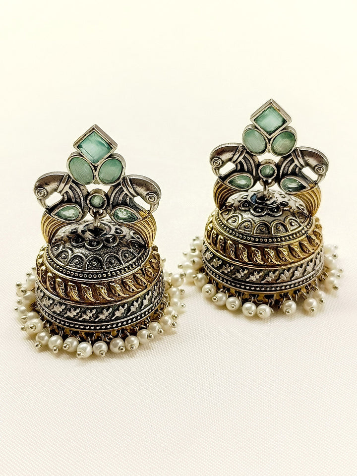 Lintang Mint Green Peacock Oxidized Jhumki