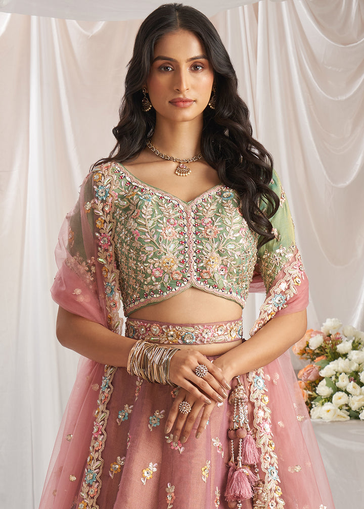 Blush Pink & Green Net Lehenga Choli Adnored with Pearl & Gotapatti Embroidery work: The Bride's Edit