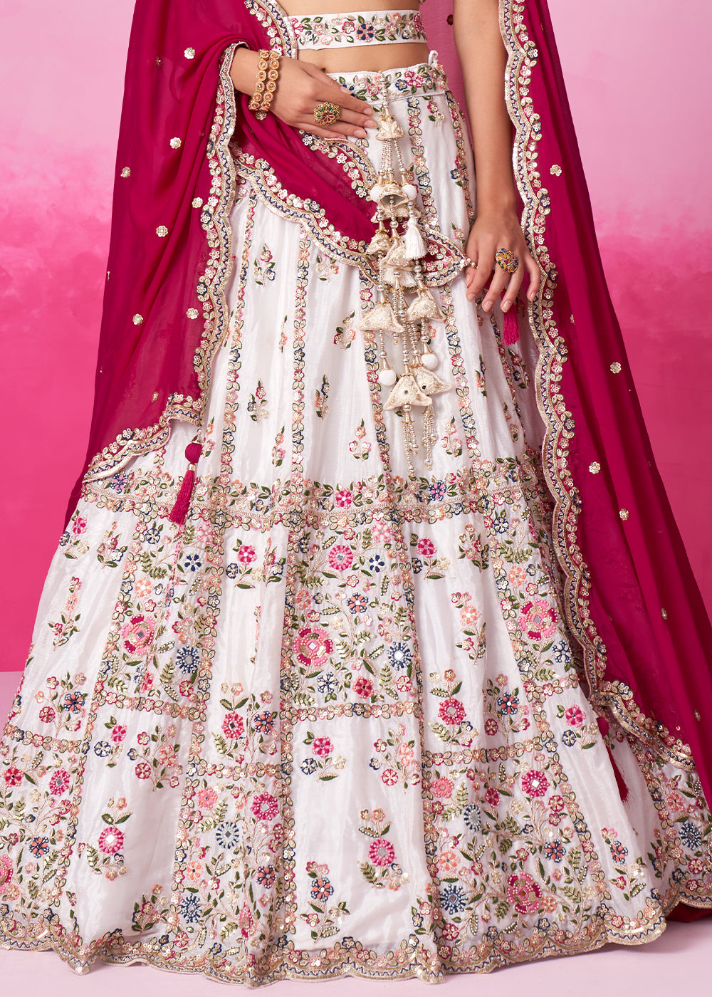 Pearl White Georgette Lehenga Choli Adorned with Moti & Sequins Embroidery Work