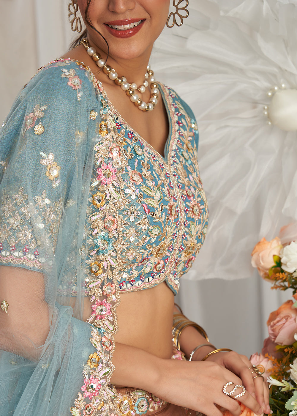 Mustard Yellow & Blue Net Lehenga Choli Adnored with Pearl & Gotapatti Embroidery work: The Bride's Edit