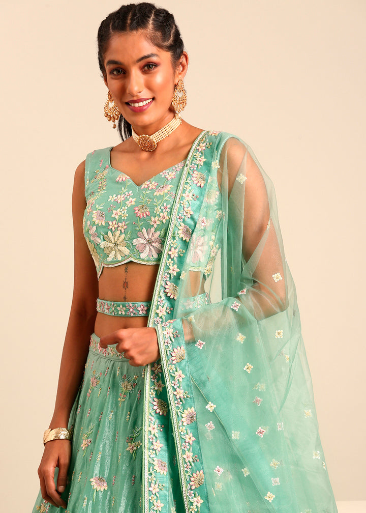 Pistachio Green Net Lehenga Choli Highlighted with heavy Sequins Embroidery