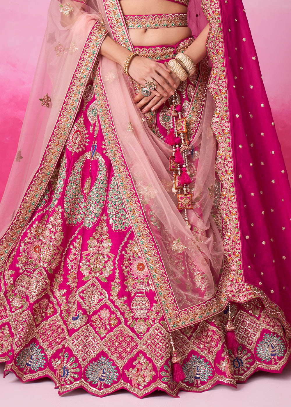 Hot Pink Silk Lehenga Choli Adorned with Moti & Sequins Embroidery Work: Bridal Collection