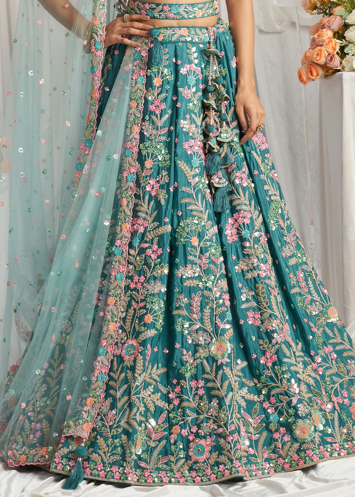 Teal Green Georgette Lehenga Choli Adorned with Sequins Embroidery