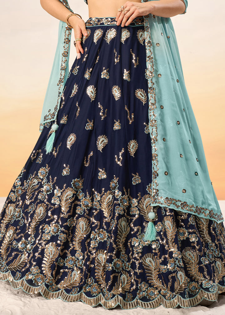 Denim Blue Georgette Lehenga Choli Adorned with Sequins Embroidery