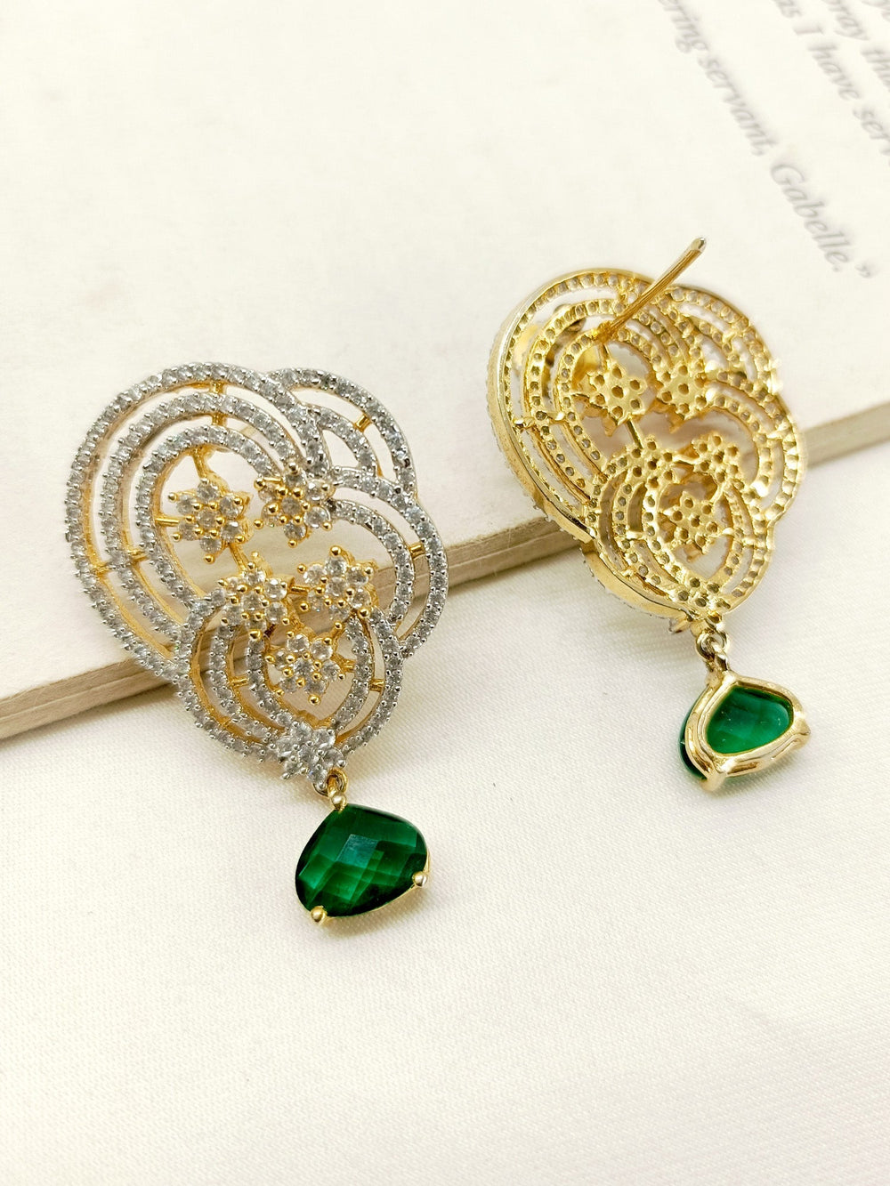 Maitri Gold Plated American Diamond Tops With Green Stone