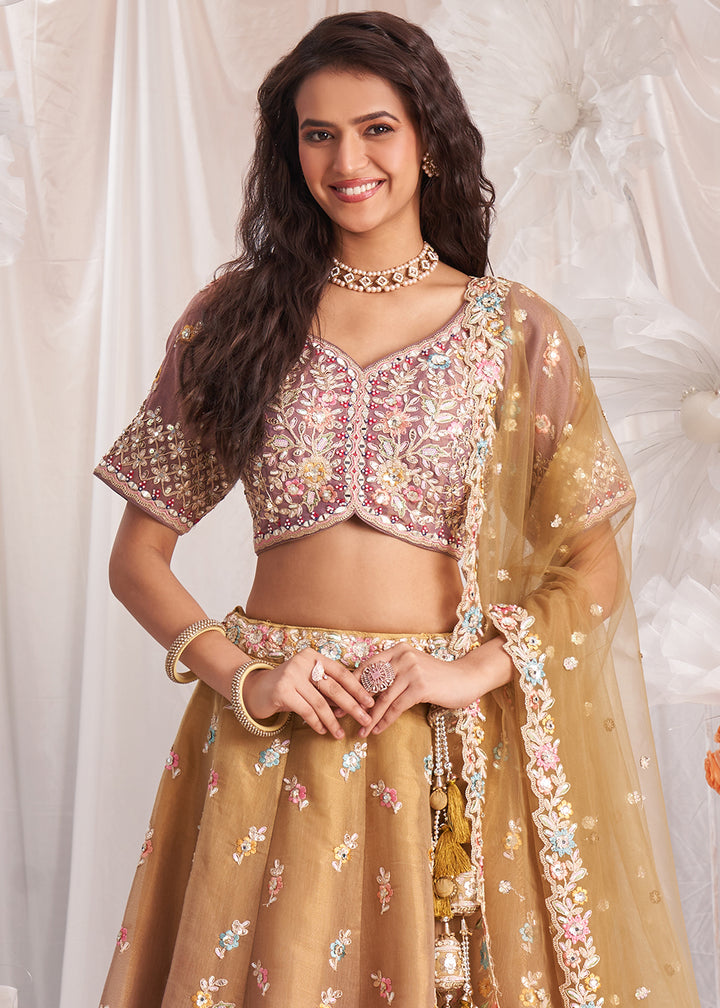 Light Brown & Pink Net Lehenga Choli Adorned with Pearl & Gotapatti Embroidery work: The Bride's Edit