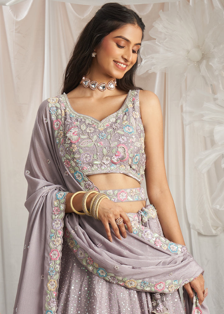 Periwinkle Purple Chiffon Lehenga Choli Adorned with Sequins & Thread Embroidery