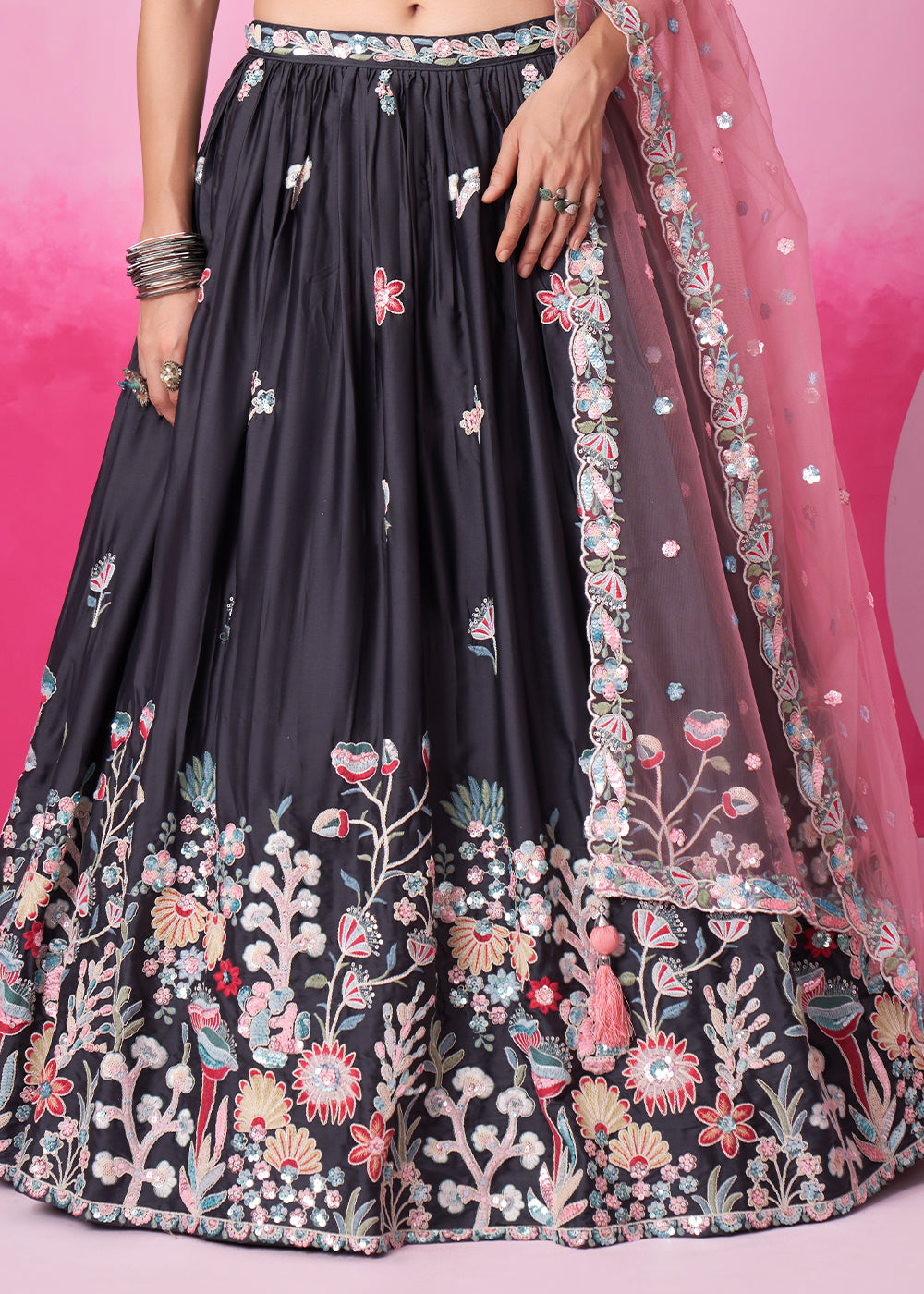 Jet Grey Satin Silk Lehenga Choli Adorned with Sequins Embroidery