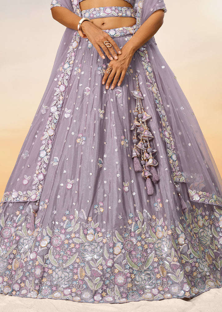 Periwinkle Purple Chiffon Lehenga Choli Adorned with Sequins & Thread Embroidery