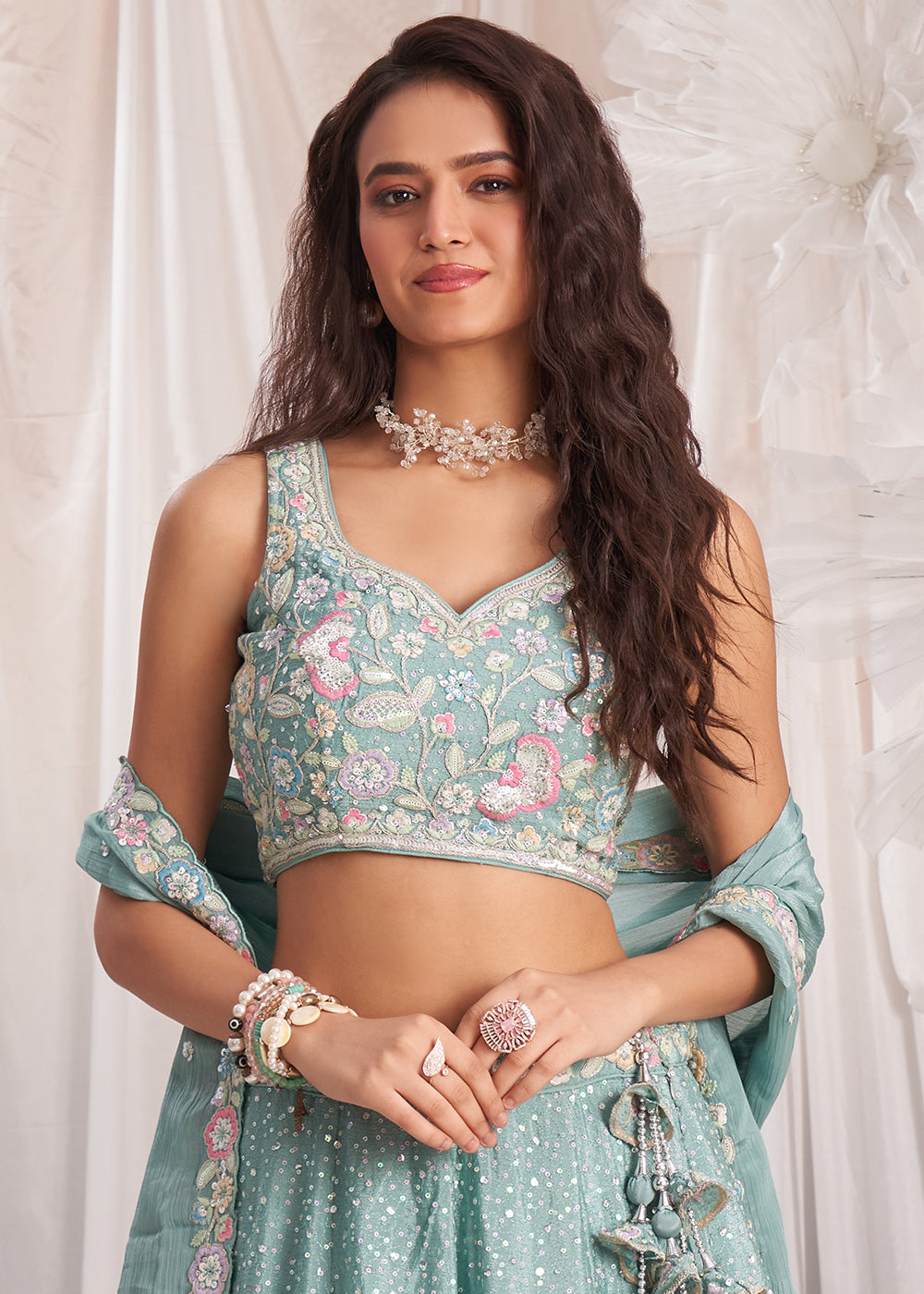 Light Sea Green Chiffon Lehenga Choli Adorned with Sequins & Thread Embroidery