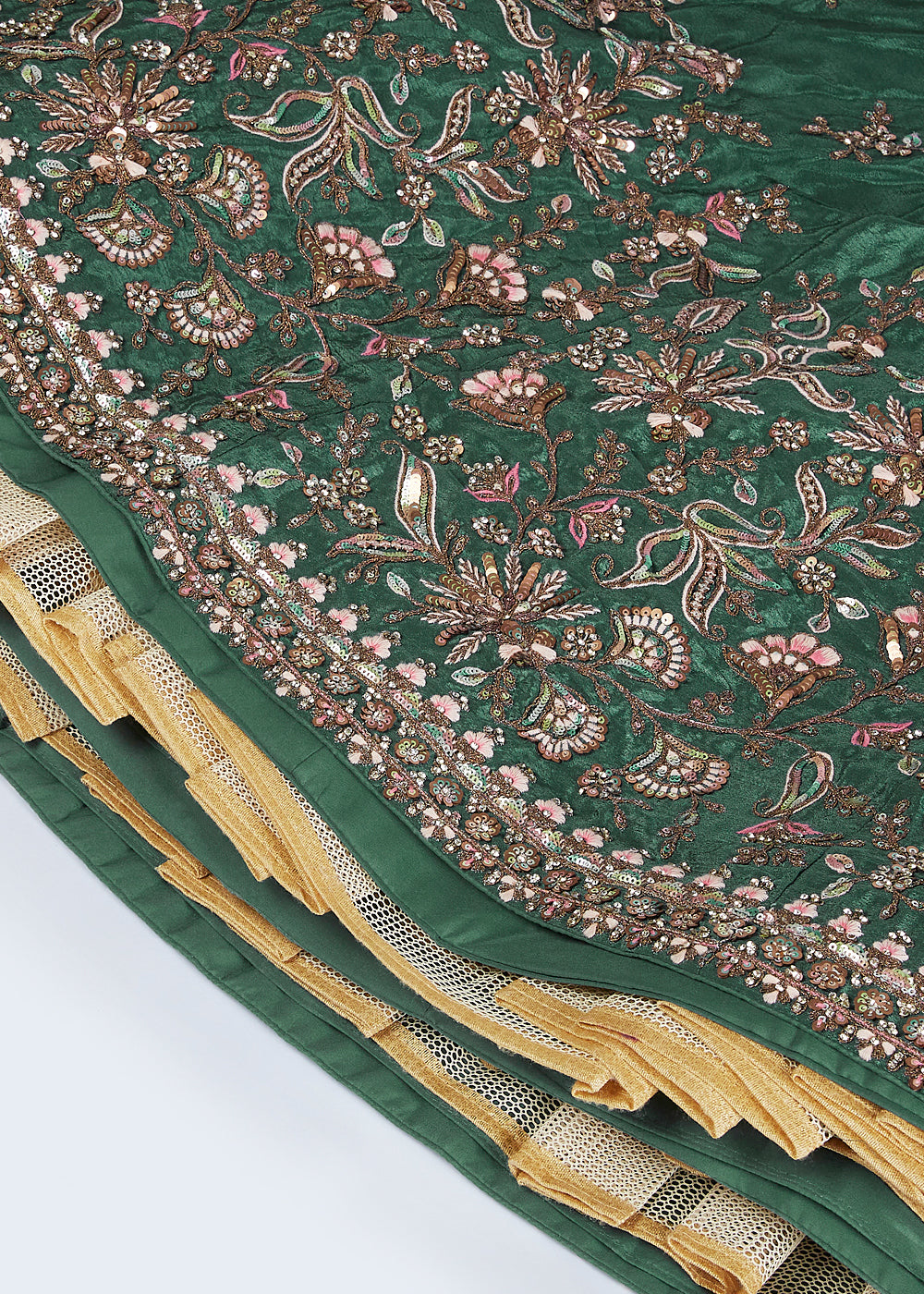 Dark Green Chiffon Lehenga Choli Adorned with Sequins & Thread Embroidery