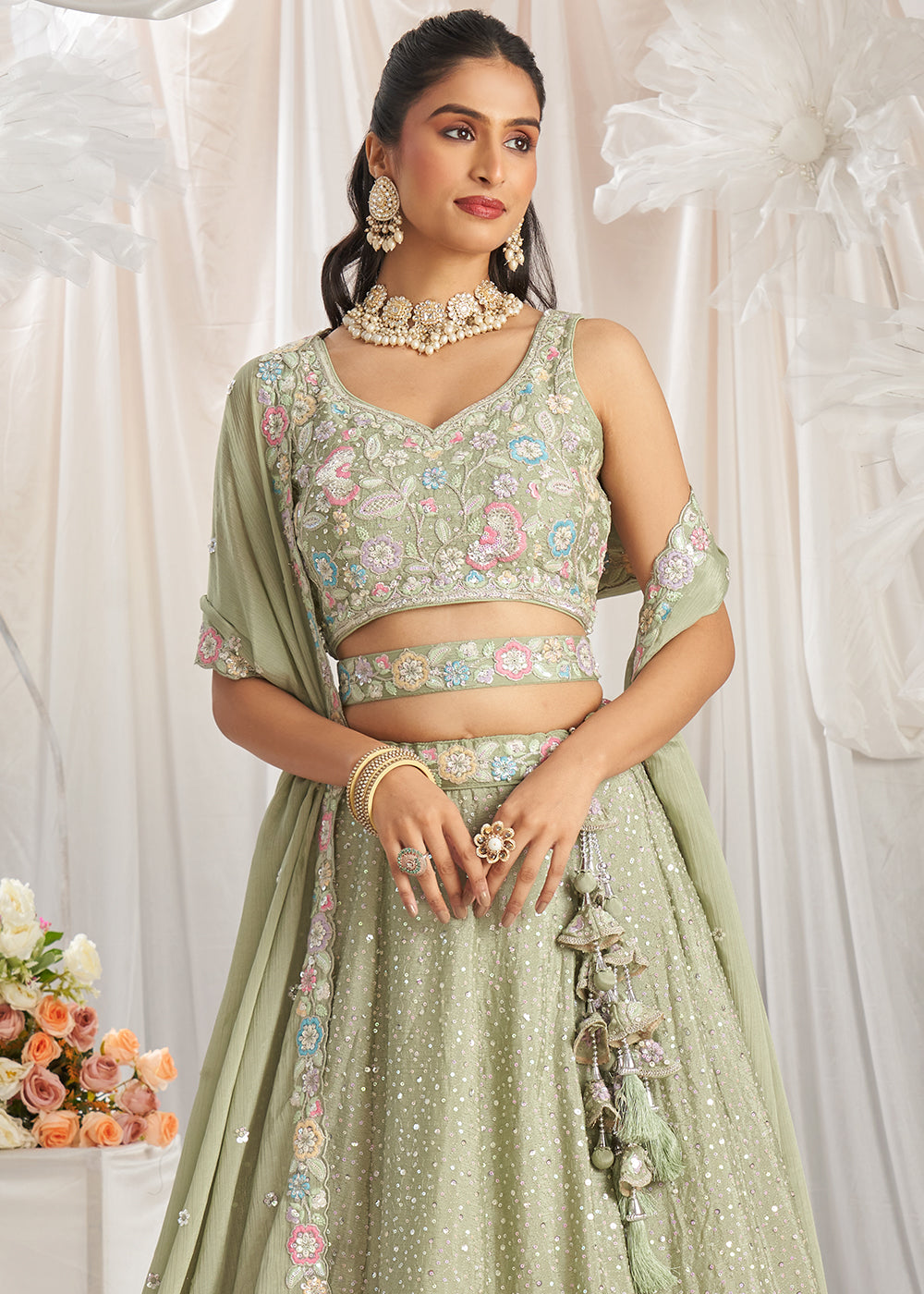 Lime Green Chiffon Lehenga Choli Adorned with Sequins & Thread Embroidery