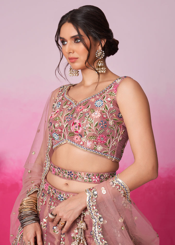 Wild Orchid Pink Net Lehenga Choli Adorned with Moti & Sequins Embroidery Work