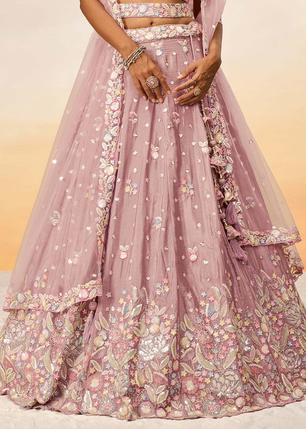 Rose Gold Pink Chiffon Lehenga Choli Adorned with Sequins & Thread Embroidery