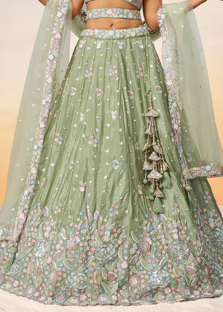 Lime Green Chiffon Lehenga Choli Adorned with Sequins & Thread Embroidery